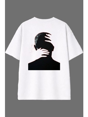 Vsrn Sarılan Adam Tasarım Arka Baskılı Beyaz Oversize T Shirt