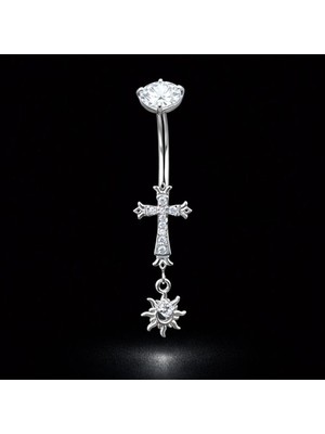 Aida Jewelss %100 Cerrahi Çelik Gamalı Haç Sallantı Güneş Zirkon 10X1,6MM Çelik Göbek Piercing
