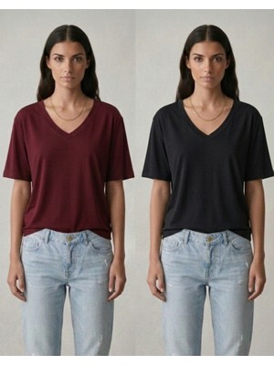 Cng Moda Ikili Basic Penye Modal Relaxed V Yaka T-Shirt Set