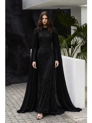 Olcay Pelerin Detaylı Taş ve Pul Bezeli Exclusive Tesettür Abiye Elbise Siyah 1081