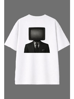 Vsrn Televizyon Adam Tasarım Arka Baskılı Beyaz Oversize T Shirt