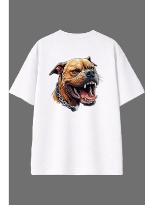 Vsrn Hırçın Köpek Tasarım Arka Baskılı Beyaz Oversize T Shirt