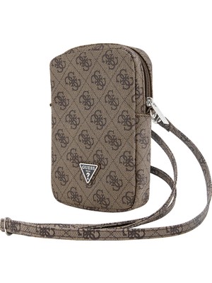 Guess Orjinal Lisanslı 4g Desenli Üçgen Logolu Fermuarlı Çapraz Askılı Omuz Çanta Kahverengi