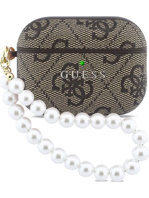 Airpods Pro 3 Uyumlu Kılıf Guess Lisanslı Klasik Yazı Logolu 4g Desenli Inci Bilek Askılı Kahverengi