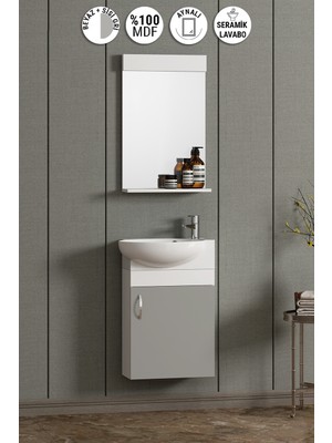 Özceden Lale 45 cm Beyaz-Sis Gri Mdf Seramik Lavabolu Asma Banyo Dolabı Takımı
