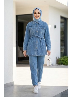 Kadın Taş Işlemeli Açık Kot Mavi Tunik Pantolon Ikili Takım