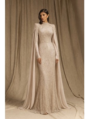 Olcay Pelerin Detaylı Taş ve Pul Bezeli Exclusive Tesettür Abiye Elbise Taş 1081