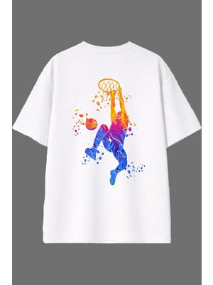 Vsrn Basketbolcu Tasarım Arka Baskılı Beyaz Oversize T Shirt
