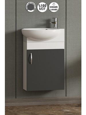 Özceden Lale 45 cm Beyaz-Antrasit Gri Mat Mdf Seramik Lavabolu Asma Alt Banyo Dolabı