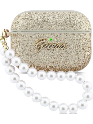 Airpods Pro 3 Uyumlu Kılıf Guess Lisanslı Glitter Yazı Logolu Inci Tasarım Bilek Askılı Gold