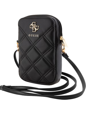 Guess Lisanslı Çapraz Askılı Vücut Çantası 4g Metal Logolu Kapitone Desenli Fermuarlı Pu Deri Siyah
