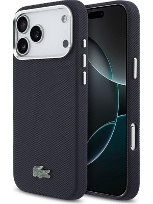 iPhone 17 Pro Max Kılıf Lacoste Lisanslı M-Safe Uyumlu Pvc Pike Desen Ikonik Timsah Logolu Lacivert