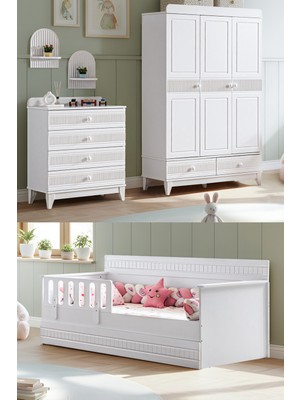 Setay Bakü Çocuk Odası, Bakü 3 Kapaklı Dolap, Bakü Yavrulu Karyola, Şifonyer - Beyaz