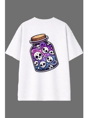 Vsrn Kavanozda Iskelet Tasarım Arka Baskılı Beyaz Oversize T Shirt