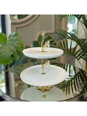 Elta Collection Gold Kuş Figürlü 2 Katlı Sunumluk – Lokumluk, Çikolatalık, Kurabiyelik Sunum Tabağı