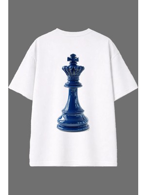 Vsrn Mavi Şah Tasarım Arka Baskılı Beyaz Oversize T Shirt