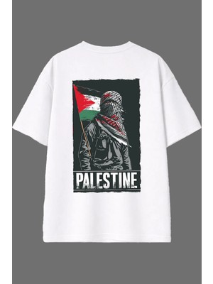 Vsrn Palestine Tasarım Arka Baskılı Beyaz Oversize T Shirt