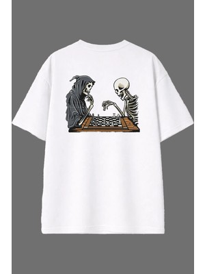 Vsrn Satranç Masası Tasarım Arka Baskılı Beyaz Oversize T Shirt