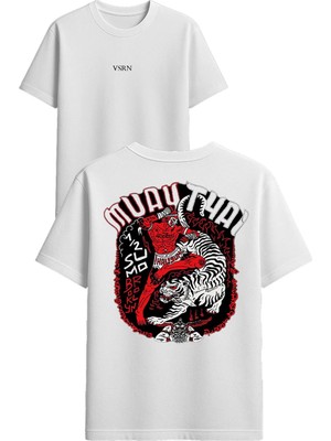 Vsrn Muay Thaı Tasarım Baskılı Beyaz Oversize T Shirt