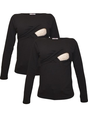 Luvmabelly Emzirme Sweatshirt Seti Kadın Uzun Kol Siyah Düz Renk Özel Tasarım Myra2701_2701