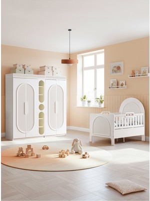 Setay Athena Çocuk Odası, Athena 4 Kapaklı Dolap ve Kitaplık, Athena Büyüyen Beşik - Beyaz