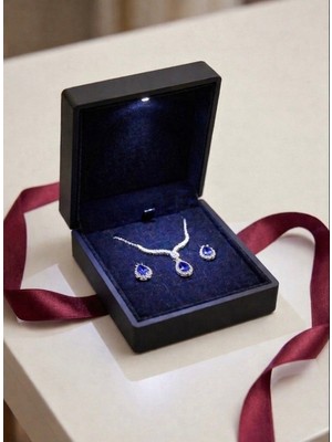 Zeta Jewel 925 Ayar Gümüş Damla Model Tanzanit Taşlı Kolye Küpe Set-Hediye Kutulu , Işıltılı Özel Tasarım