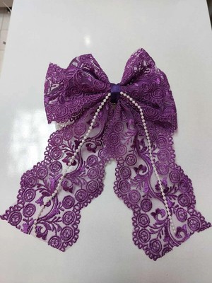 Minval Boncuklu Güpürlü 8 cm Otomatik Metal Klipsli Kuruklu Fiyonk Toka