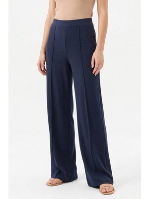 Ceremony Önü Nervürlü Lyocel Örme Bol Paça Pantolon 343 Lacivert