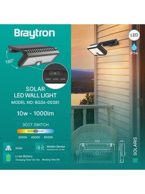 Braytron Solaris 10W Sensörlü Solar LED Duvar Apliği (3 Renk Seçenekli)