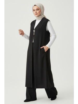 Ece Giyim Kadın Önü Broşlu Taşlı Cepli Uzun Penye Yelek