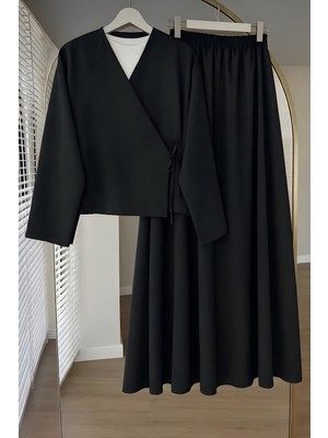 İmaj Butik Siyah Yandan Bağlamalı Dabıl Kimono Etekli Takım