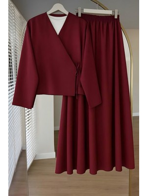 İmaj Butik Bordo Yandan Bağlamalı Dabıl Kimono Etekli Takım