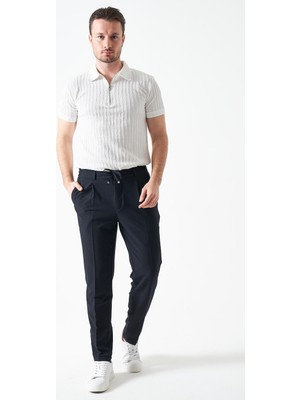 Tena Erkek V002-LACIVERT Yandan Lastikli Keten Efektli Tristan Dokuma Tek Pileli Duble Paça Pantolon