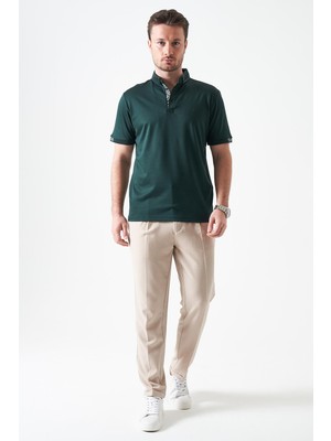 Tena Erkek V008-BEJ Yandan Lastikli Keten Efektli Tristan Dokuma Tek Pileli Duble Paça Pantolon