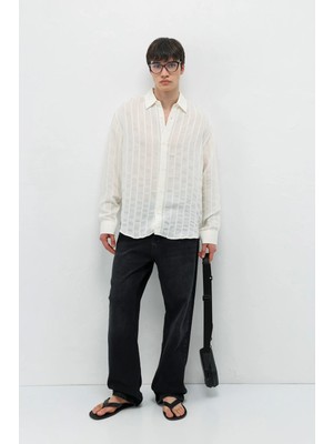 Vamos Çizgili Oversize Gömlek Ekru