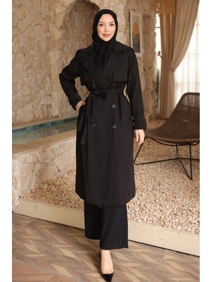 İmaj Butik Siyah Kruvaze Yaka Astarlı Trençkot