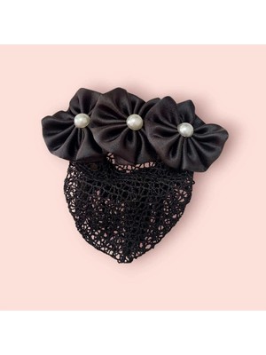 Minval Incili Saten Kumaş 8 cm Otomatik Klipsli Fileli Topuz Tokası