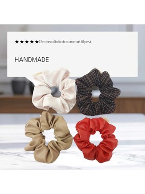 Minval Suni Deri, Şanel ve Saten Kumaştan Standart Boy Scrunchie 4'lü Simit Toka