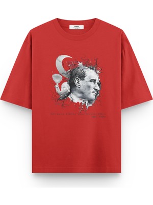 Overoz Atatürk Baskılı Yarı Oversize Oversize Unisex T-Shirt 1236