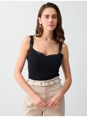 Jimmy Key Siyah Kare Yaka Dantel Detaylı Dar Kesim Örme Atlet