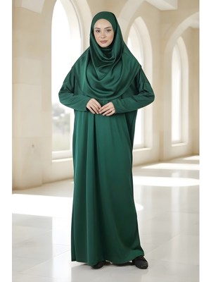 İmaj Butik Yeşil Kolay Giyilebilen Başörtülü Tek Parça Namaz Elbisesi