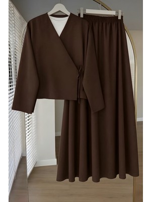 İmaj Butik Kahverengi Yandan Bağlamalı Dabıl Kimono Etekli Takım