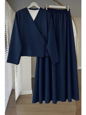 İmaj Butik Lacivert Yandan Bağlamalı Dabıl Kimono Etekli Takım