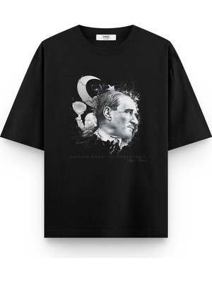 Overoz Atatürk Baskılı Yarı Oversize Oversize Unisex T-Shirt 1236