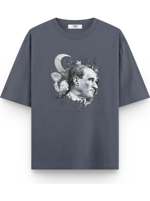 Overoz Atatürk Baskılı Yarı Oversize Oversize Unisex T-Shirt 1236