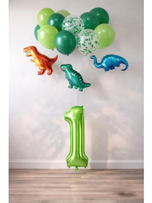 Patladı Gitti 1 Yaş Dinazor Set; Rakam Folyo, 3 Adet Mini Dinazor ve 10 Lu Balon