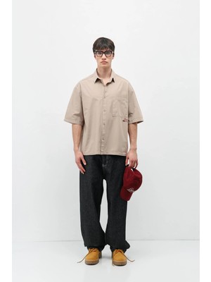 Vamos Baskılı Oversize Keten Gömlek Bej