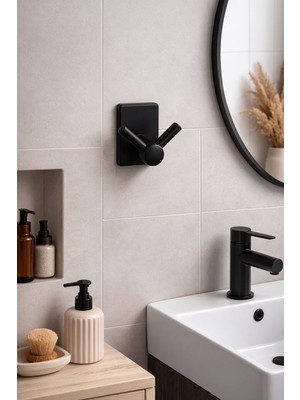 vitrinbanyo Dikdörtgen Yapışkanlı Siyah Ikili Bornoz Banyo Askısı