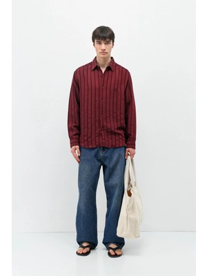 Vamos Çizgili Oversize Gömlek Bordo