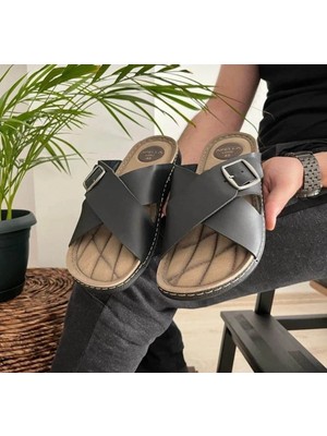 Apella Erkek Siyah Büyük Numara  Çapraz Model Dikişli Ortopedik Taban Terlik